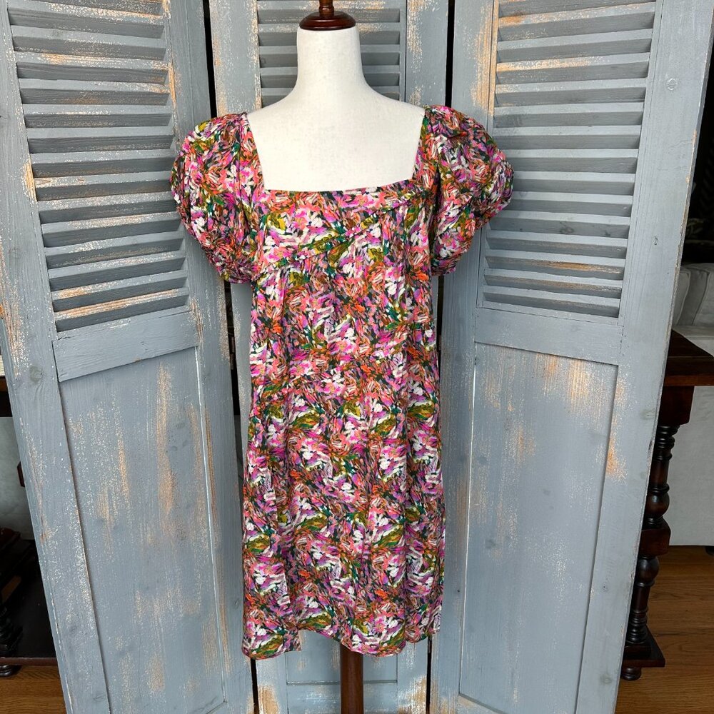 Taylor Tillman NY Amelie Puff Sleeve Ruffle Dress Serene Brushstroke Sz L NWOT